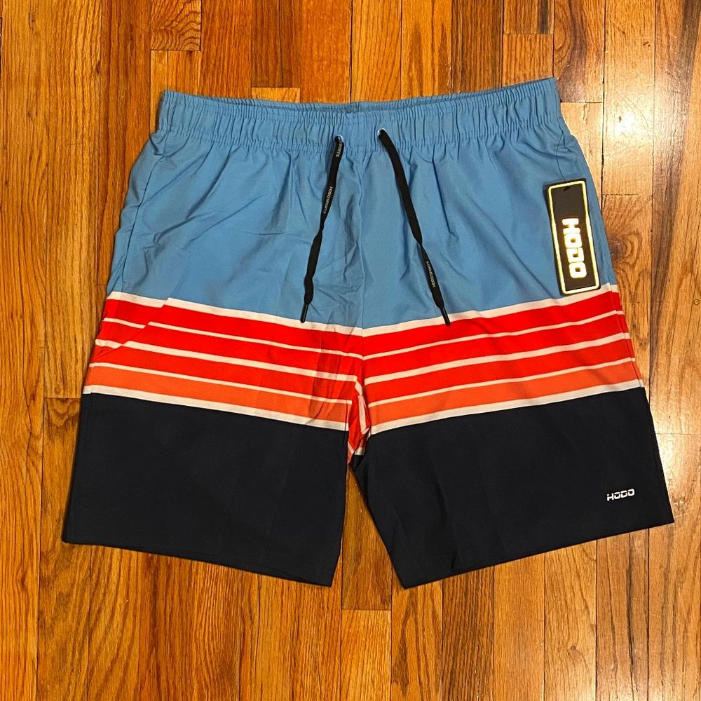HODO NEW Men's lined Swim Shorts Size XL Blue Red Stripes